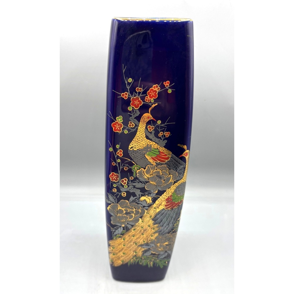 Vtg‎ Cobalt Blue Vase Gold Gilt Peacocks Floral Asian Decor Square Shape